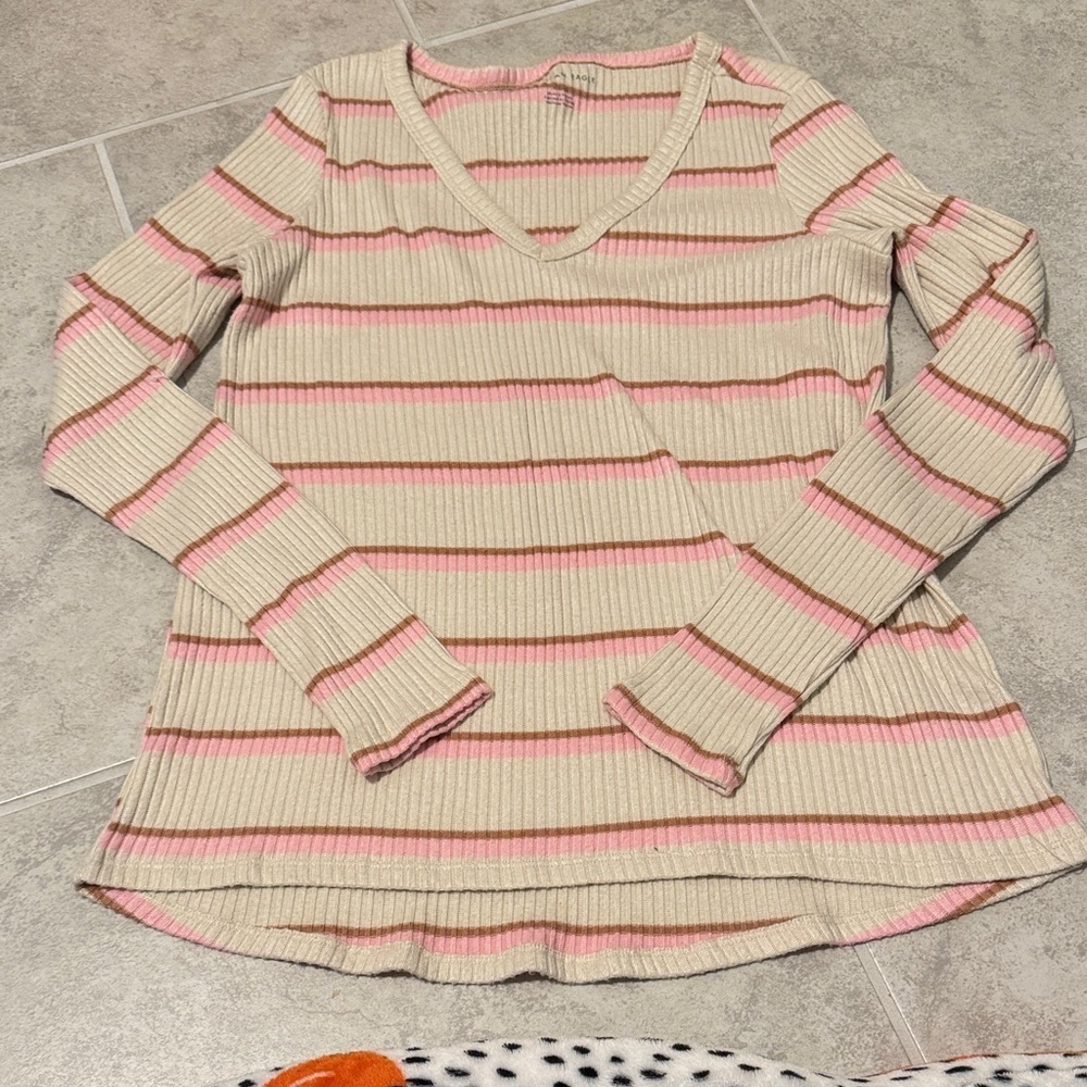 American Eagle Outfitters Pink and Cream Striped Long Sleeve Tee